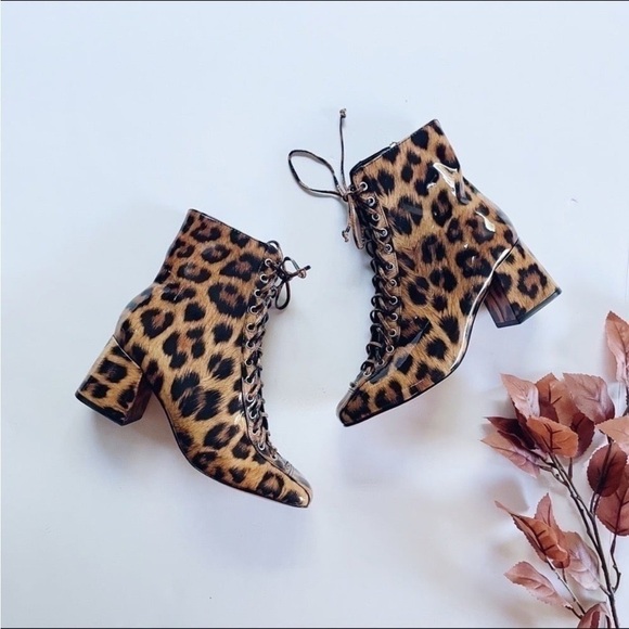 Schutz Kika Leopard Print Patent Leather Lace-Up Boot - Picture 1 of 7